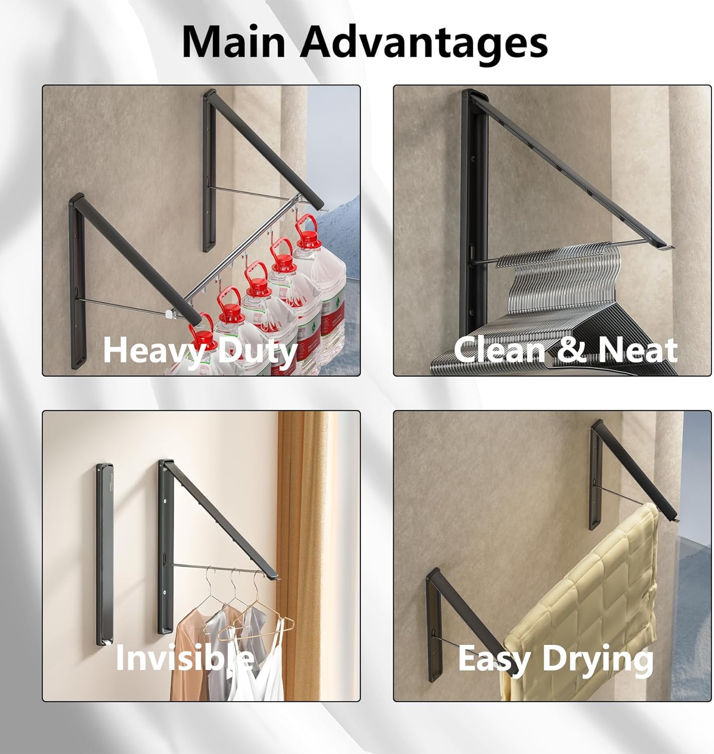 Dr.DJ Clothes Drying Rack with Rod, Wall-Mounted Retractable & Foldable Clothes Hanger for Laundry Room Organization and Storage, Metal Clothes Hanger Rack for Dorm, Closet, Balcony 2Rack, 1Rod Black - NestledHome