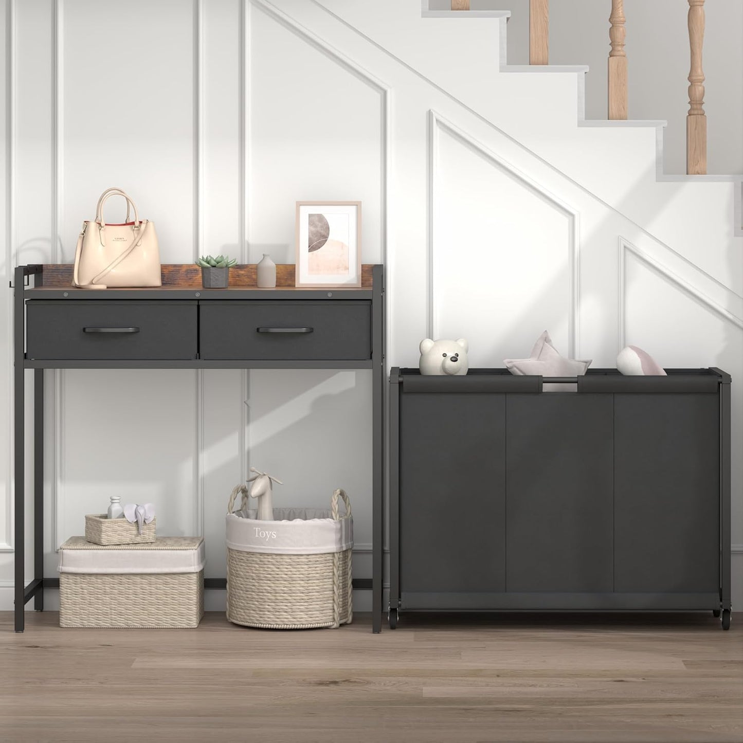 Laundry Hamper Laundry Basket with 3 Section Pull-Out Rolling Bags, Laundry Sorter for Organization and Storage with 2 Pull-Out Drawers for Laundry Room, Bathroom, Bedroom Use (Rustic Brown) - NestledHome
