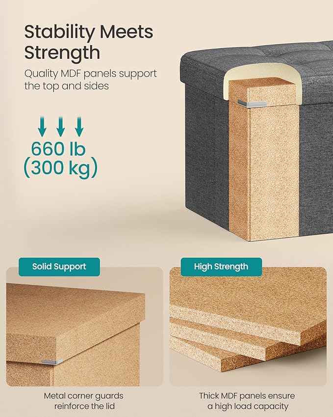 SONGMICS MAZIE Collection - 43 Inches Folding Storage Ottoman Bench, Ottoman Foot Rest, End of Bed Bench, Storage Chest, Load 660 lb, for Living Room, Bedroom, Entryway, Dark Gray ULSF77K