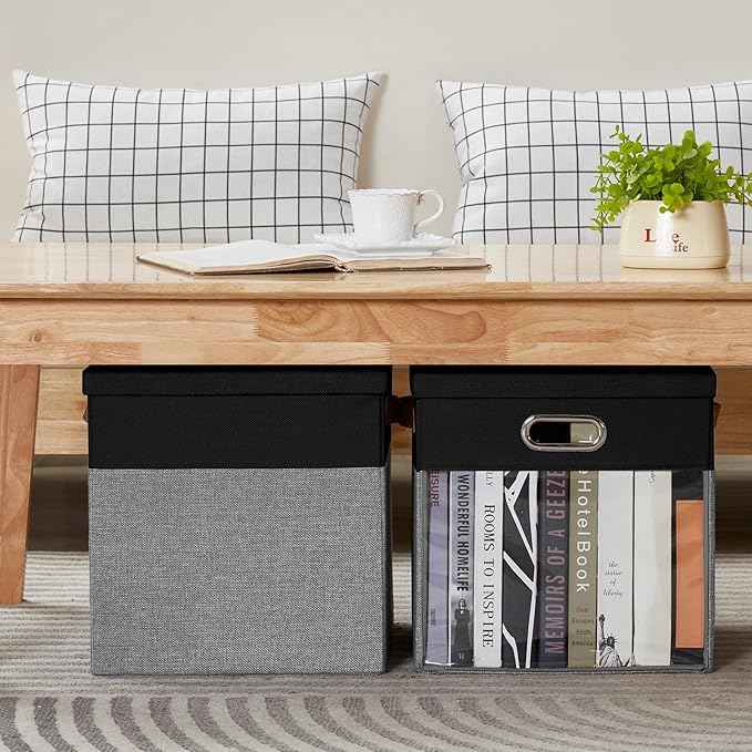 Fabric Storage Cubes with Clear Windows and Lids 11'' Foldable Storage Bins with 3 Handles, Decorative Storage Boxes for Home, Bedroom, Closet, Office (Black&Gray)