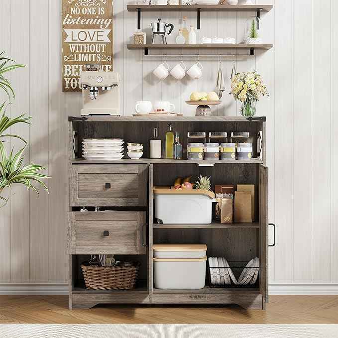 Vabches Farmhouse Buffet Sideboard Cabinet with Drawers and Open Shelf, 38.5" Storage Cabinet with Adjustable Shelves and Door, Modern Coffee Bar Hutch Pantry for Kitchen, Living Room, Entryway, Grey