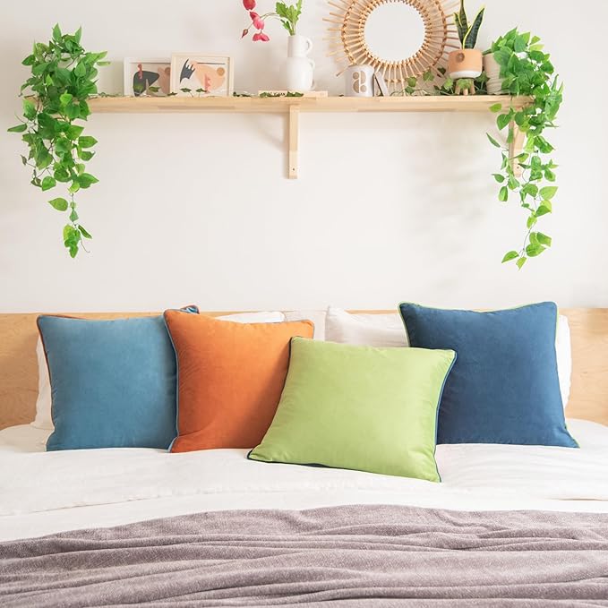 MONDAY MOOSE Decorative Throw Pillow Covers Cushion Cases, Set of 4 Soft Velvet Modern Double-Sided Designs, Mix and Match for Home Decor, Pillow Inserts Not Included (18x18 inch, Blue/Orange)