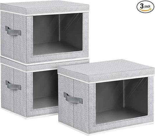 Storage Bins with Lids, 3 Pack Large Storage Cubes with Window, Closet Bins with Lids & Handles, Fabric Box for Organizing Clothes, Towels, Books, Blended