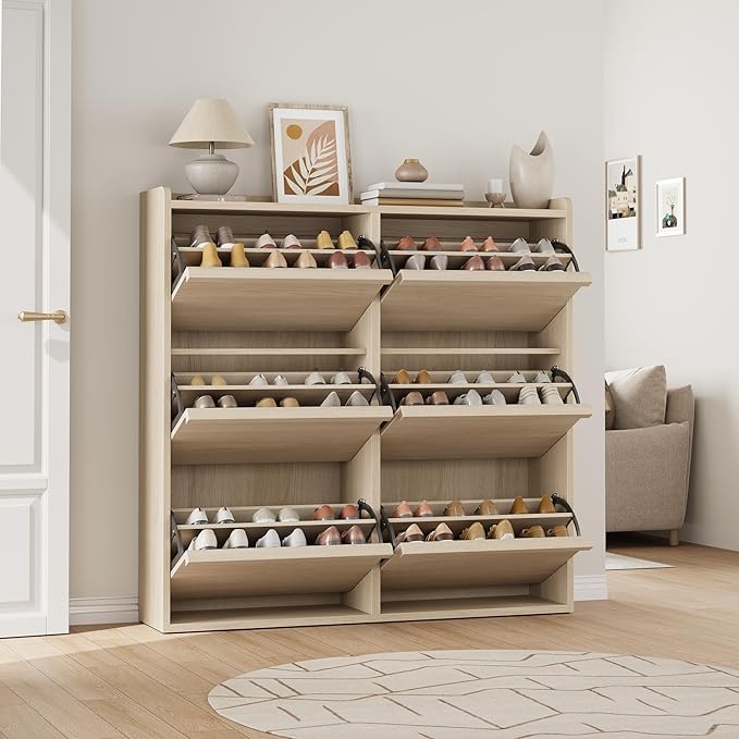 GarveeHome Shoe Cabinet with 6 Flip Drawers, Wooden Shoe Organizer Cabinet with Adjustable Shelf, Shoe Storage for Entryway, Hidden Shoe Cabinet for Hallway, Living Room, Natural Oak