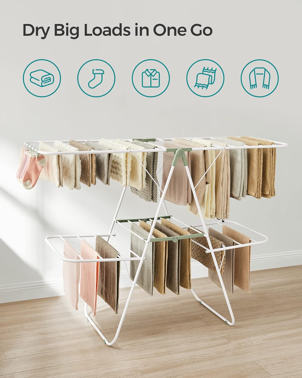 SONGMICS Clothes Drying Rack, Foldable 2-Level Laundry Drying Rack, Free-Standing Laundry Airer, with Height-Adjustable Wings, 33 Drying Rails, Sock Clips, White and Green ULLR053C01V1 - NestledHome