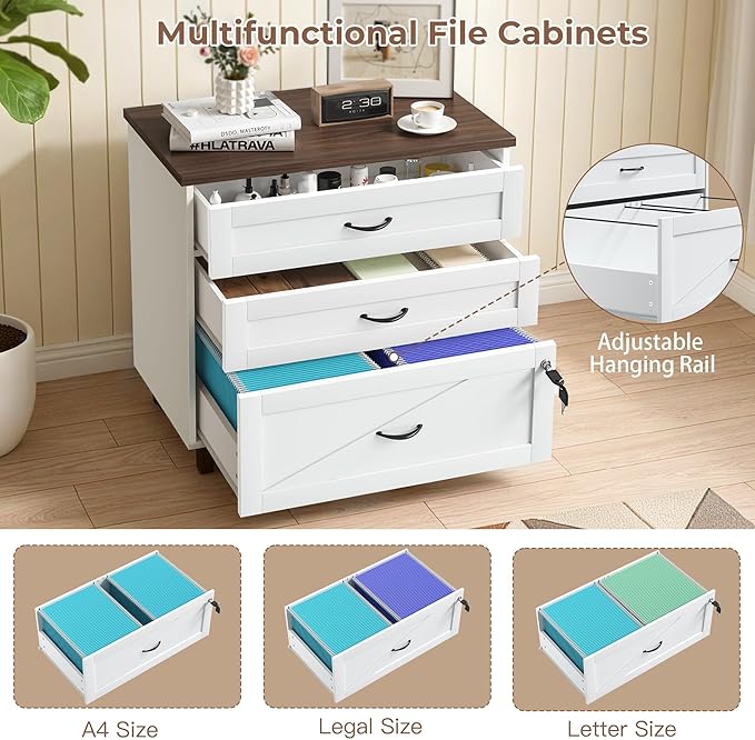 3 Drawer File Cabinet 32" Wide Lateral Filing Cabinets with Hanging File Folders for A4 Letter Legal Wood Office Storage Organizer Furniture Printer Stand for Home Office, Living Room（White）