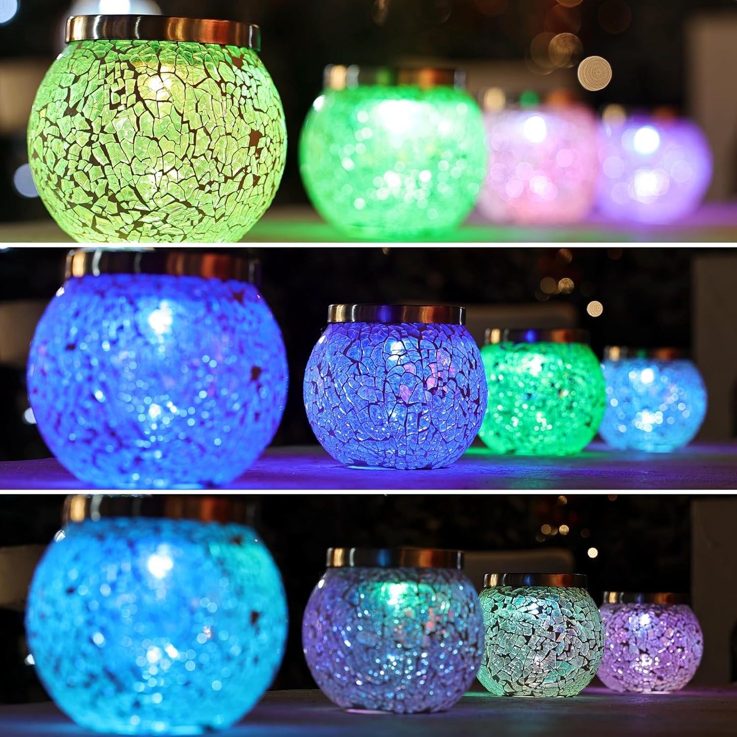 Cooo 2 Pack Heavy Solar Mosaic Crackle Glass Lights with Dual Solar Panels, Color-Changing RGB Lantern, Exclusive Dazzling Glass, Waterproof Outdoor Table Lamps Garden Lamp Landscape Path Light