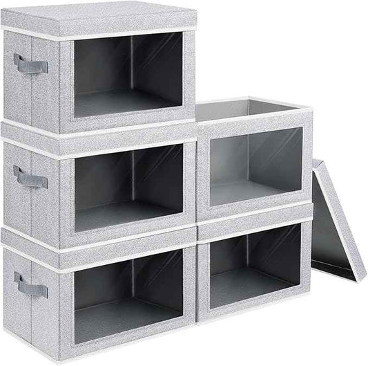 Stackable Storage Bins with Lids - Medium Storage Box with Lids, Foldable Closet Boxes for Organizing, Wardrobe Clothes Organizer with Window, Cubes Bins for Living Room, 5 Pack, Blended