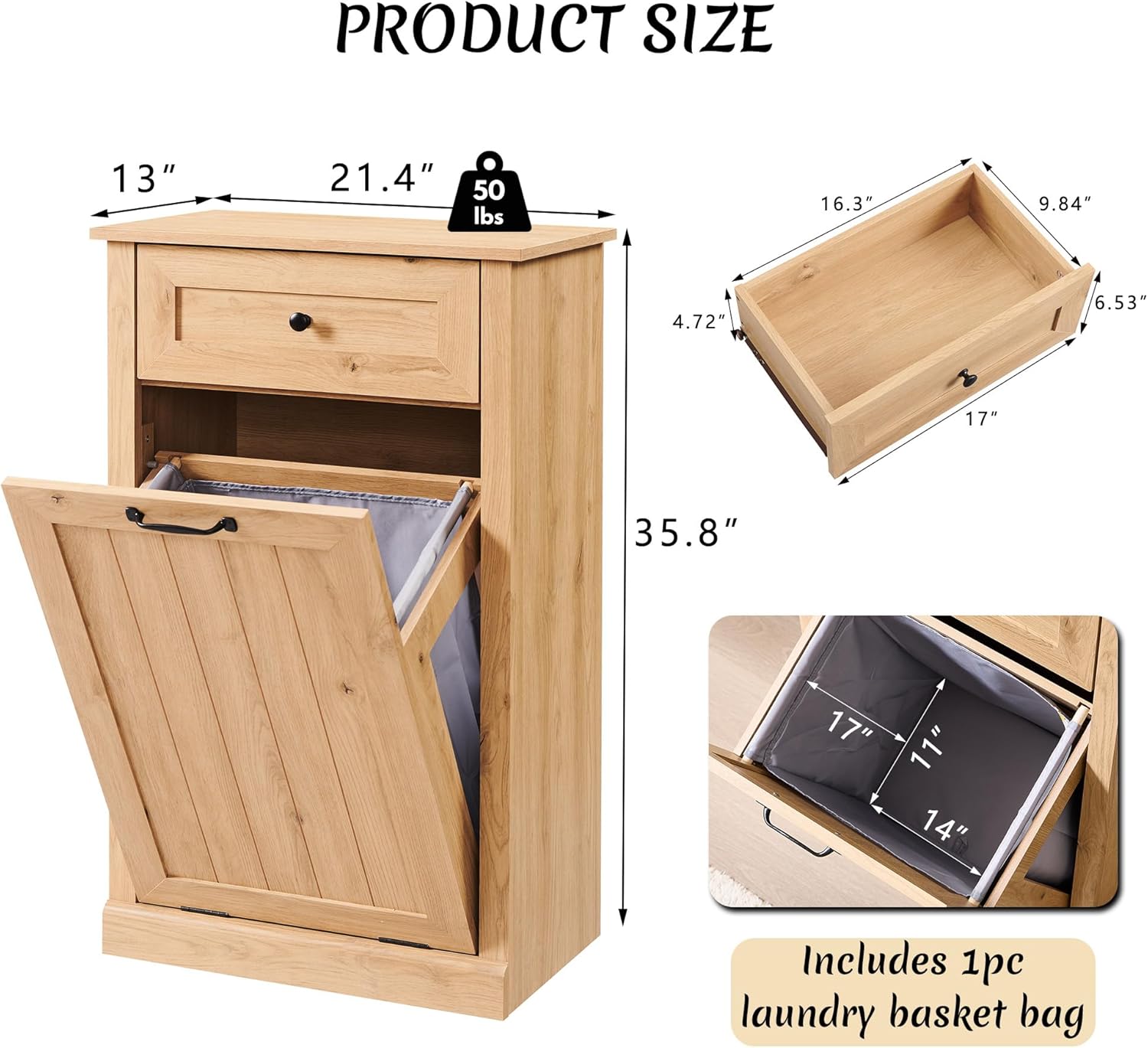 Tilt Out Laundry Hamper Cabinet, 10 Gallon Farmhouse Trash Can Cabinet with Drawer, Hidden Wood Garbage Can Bin Cabinets with Laundry Storage Basket for Bathroom, Kitchen, Natural - NestledHome