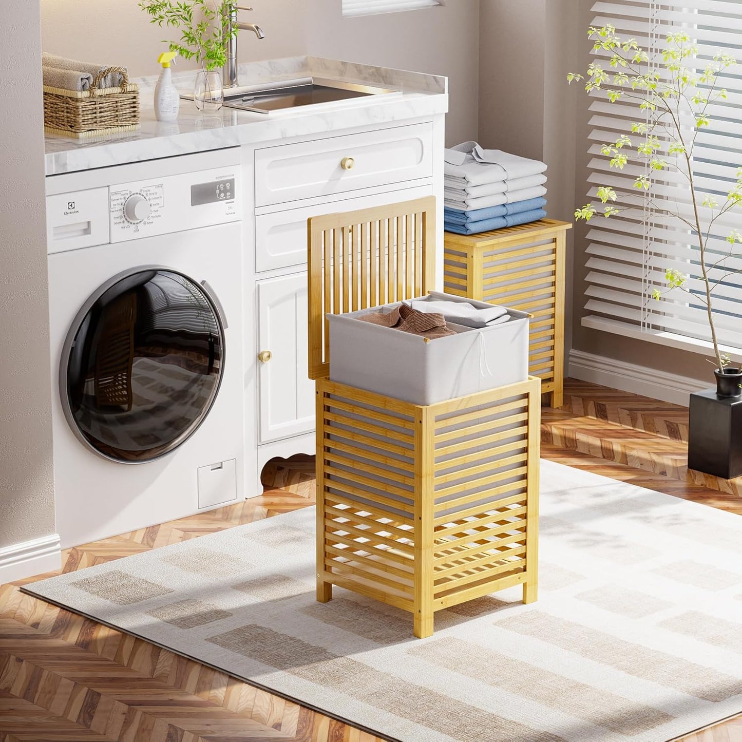 SMIBUY Double Laundry Hamper with Lid, 120L Bamboo Laundry Basket with Removable Liner Bag, 2-Section Clothes Divider Laundry Sorter for Laundry Room, Bathroom, Bedroom (Natural) - NestledHome