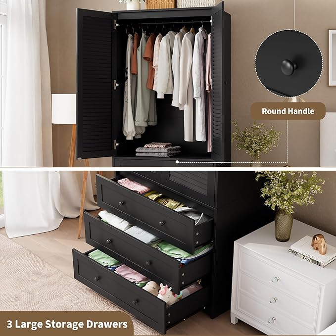 GarveeHome Armoire Wardrobe Closet with Drawers, 69.5 in Wooden Wardrobe Cabinet with Hanging Rod, 2 Doors Clothing Storage Cabinet for Bedroom, Large Capacity Storage, Louvered Door, Black