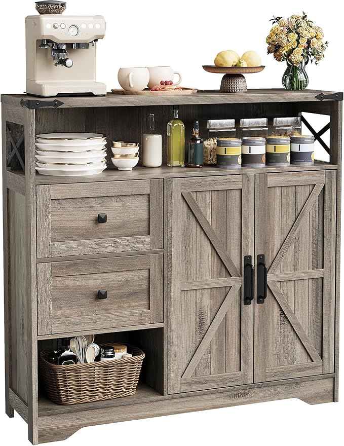 Vabches Farmhouse Buffet Sideboard Cabinet with Drawers and Open Shelf, 38.5" Storage Cabinet with Adjustable Shelves and Door, Modern Coffee Bar Hutch Pantry for Kitchen, Living Room, Entryway, Grey