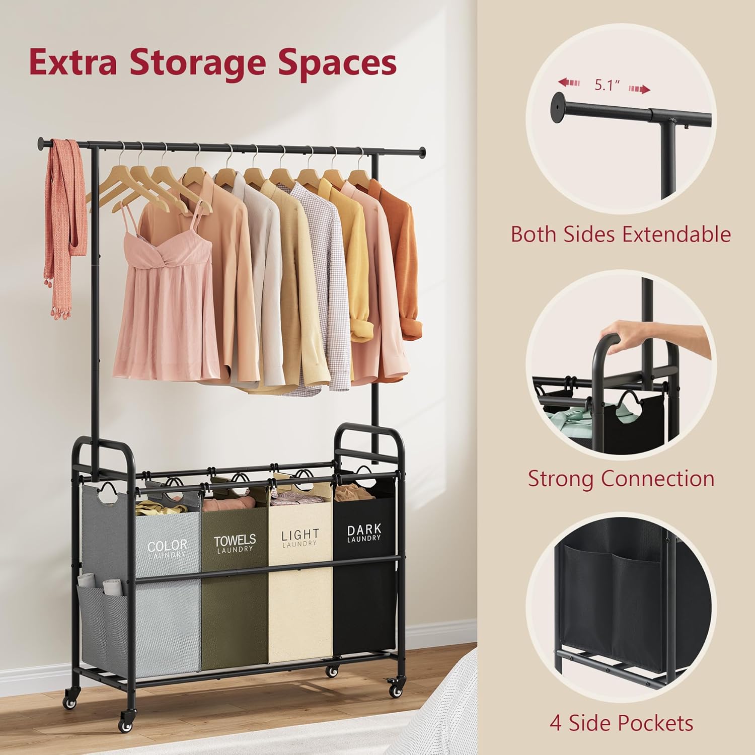 Tajsoon Laundry Sorter Cart with Hanging Clothes Rack, 4 Butler Sorter Basket Organizer, Laundry Hamper Cart with Heavy Duty Rolling Lockable Wheels, 4 Colors - NestledHome