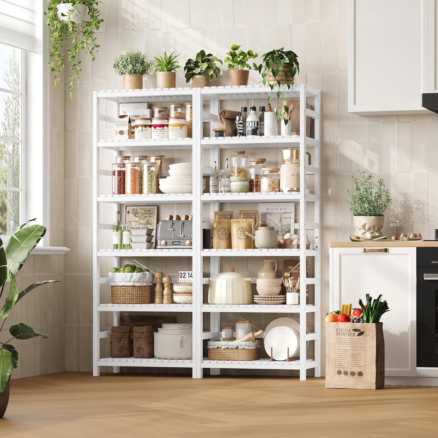 FOTOSOK 6-Tier Bamboo Shelf Set of 2, Bamboo Bookcase with Adjustable Shelves, Free Standing Storage Shelf Unit Plant Flower Stand, Tall Large White Bookshelf for Kitchen, Bathroom, Home Office, White - NestledHome