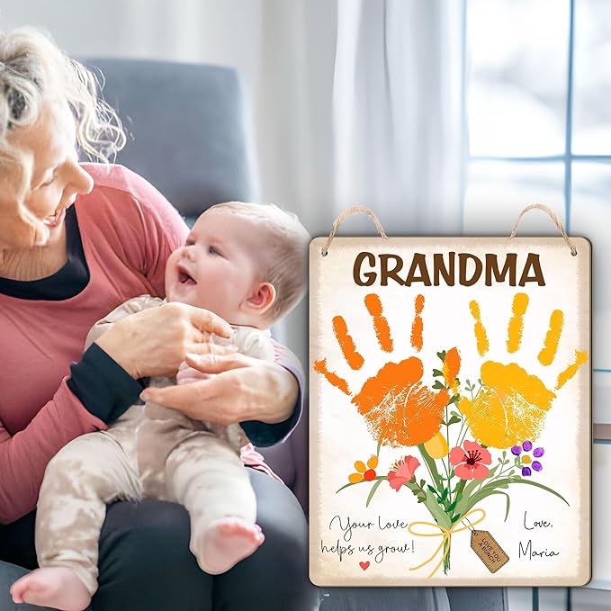 Custom DIY Baby Handprint Flowers Wooden Hanging Sign, Personalized Flowers for Grandma with Kids Handprint, Baby's First Mothers Day Gifts for Grandma, Kids Art Craft, Thanks for Helping Us Grow