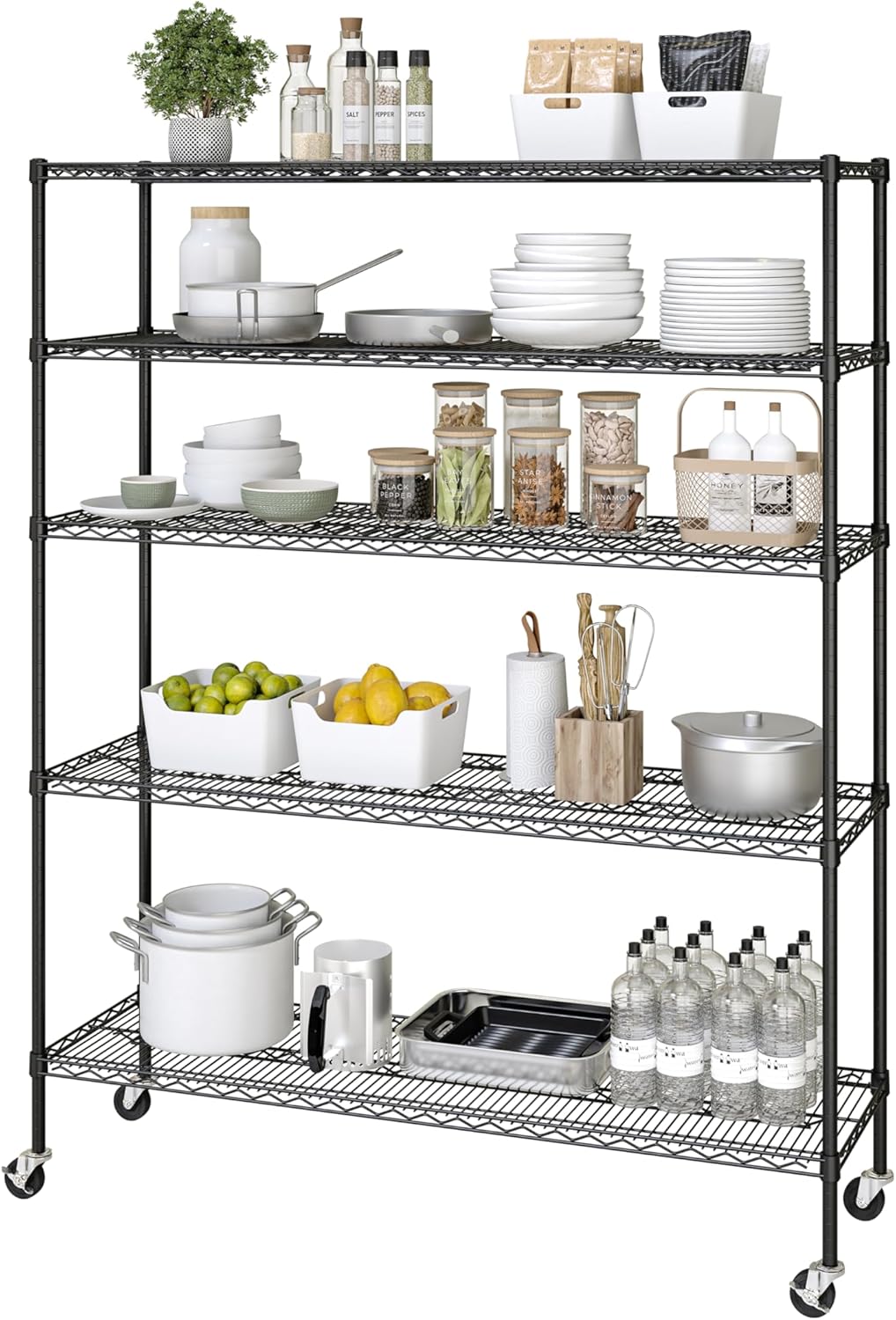 Seville Classics UltraDurable Heavy Duty NSF Solid Steel Wire Rack Storage Unit, Organizer for Garage, Warehouse, Office, Restaurant, Classroom, Kitchen, Black, 5-Tier Shelving, 60" W x 18" D - NestledHome