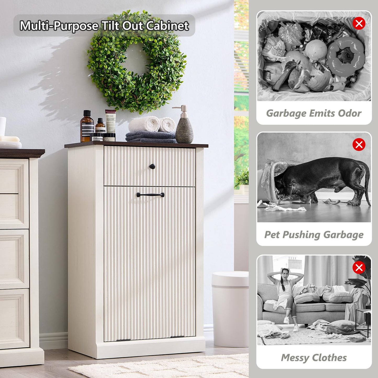 Modern Tilt-Out Trash Can Cabinet, 10 Gallon Fluted Laundry Hamper Cabinet with Drawers, Wooden Hidden Garbage Can Cabinets with Storage Basket, Free Standing for Kitchen and Living Room, White - NestledHome