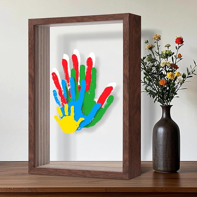 Family Handprint Kit, Hand Prints Keepsake Frame, DIY Craft Gift for New Parents & Mom & Baby, Grandparents, Mother's Day, Father's Day, Adoption Day, Anniversary, 6 Non -Toxic Paints (Walnut)