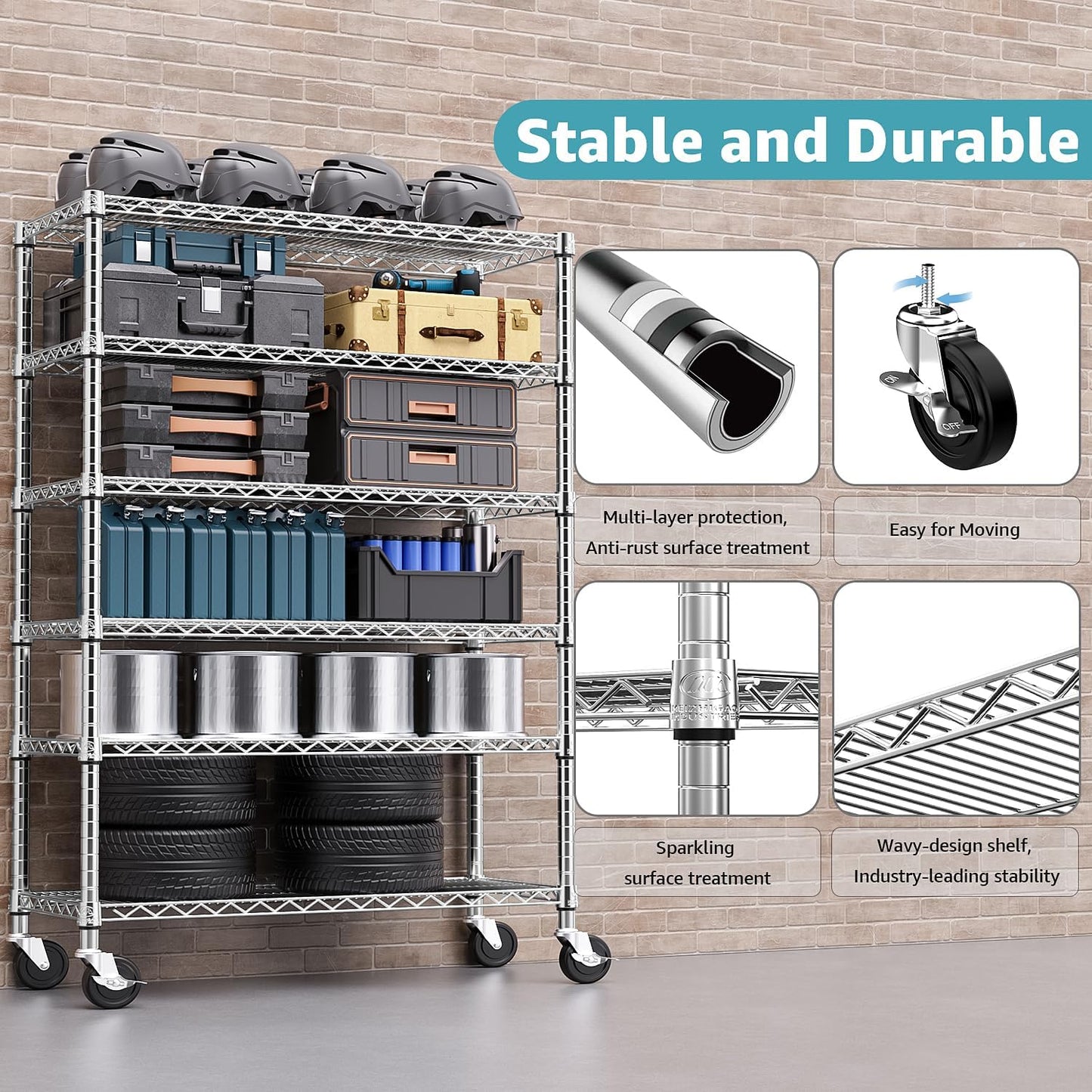 Steel Storage Shelving 6-Tier Utility Shelving Unit with Wheels, Steel Organizer Wire Rack for Home,Kitchen,Office,Garage,17.7" D x 47.2" W x 76.7" H - NestledHome