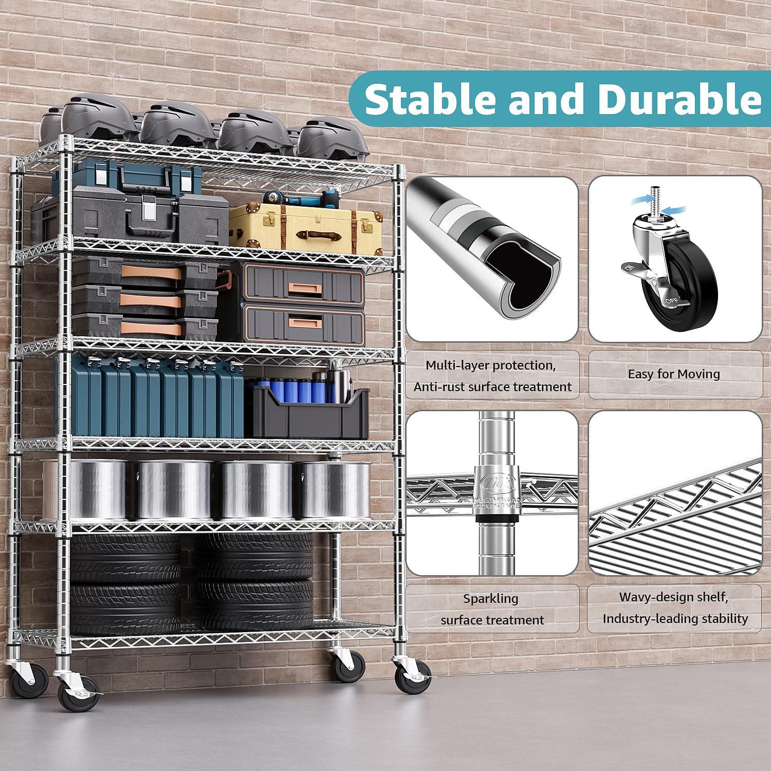 Steel Storage Shelving 6-Tier Utility Shelving Unit with Wheels, Steel Organizer Wire Rack for Home,Kitchen,Office,Garage,17.7" D x 47.2" W x 76.7" H - NestledHome