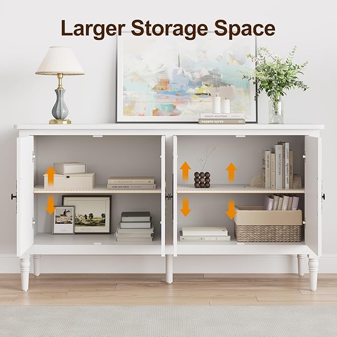 RoyalCraft Buffet Sideboard Table Set of 2, 59'' Mid Century Modern Console Table, Media Cabinet with 4 Doors, Accent Cabinet Wood Sideboard, for Entryway, Living Room, Dining Room, Satin White