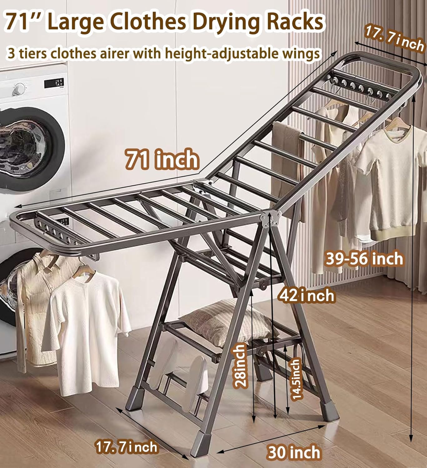 Mimiblack Heavy Duty Clothes Drying Rack Foldable with Wheels, 71'' Extra-Thick Metal Laundry Dryer Stand, 27 Rods Free-Standing for Indoor/Outdoor Windproof Use - Large Size - NestledHome