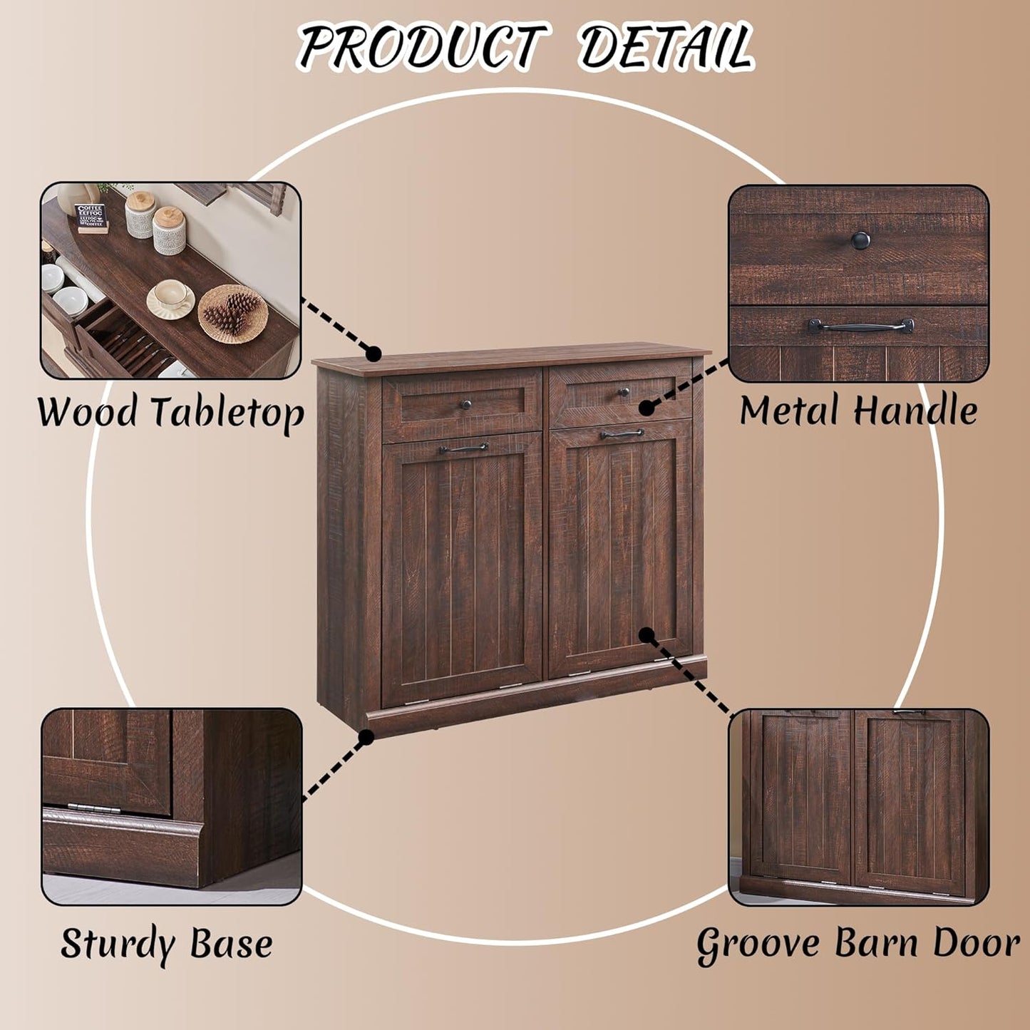 Double Tilt Out Laundry Hamper Cabinet, 20 Gallon Farmhouse Trash Can Cabinet with Drawer, Hidden Wood Garbage Can Bin Cabinet with Laundry Storage Basket for Bathroom, Kitchen, Brown - NestledHome