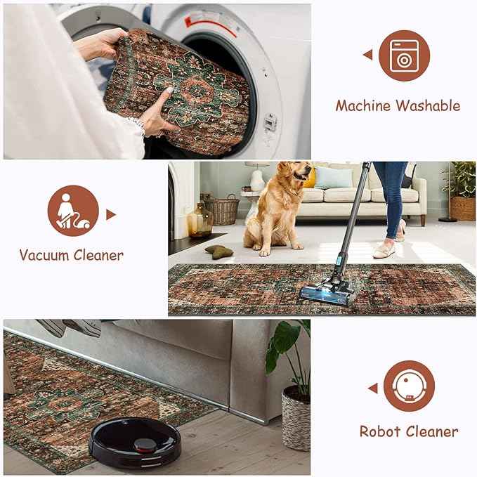 Moynesa Ultra-Thin Washable Runner Rug - 2x7 Kitchen Runner Stain Resistant Hallway Mat, Non-Slip Non-Shedding Bathroom Laundry Carpet Runner for Front Door Bedside Camper, Brick Red/Dull Teal