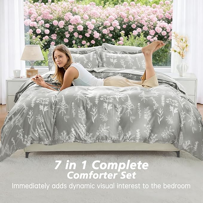 MUXHOMO Silver Grey Full Comforter Set, Elegant Floral Print Bed in a Bag 7 Pieces, Ultra Soft & Breathable Reversible Botanical Pattern Bedding Set with Comforter, Sheets, Pillowcases, and Shams