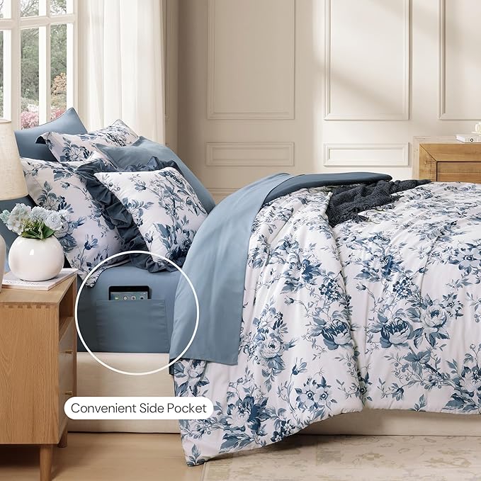 Oversized King Comforter Set -7 Pieces Floral Rain Washed Bedding Set for All Seasons, Bed in a Bag with Botanical Flowers Comforter, Sheets, Pillowcases & Shams