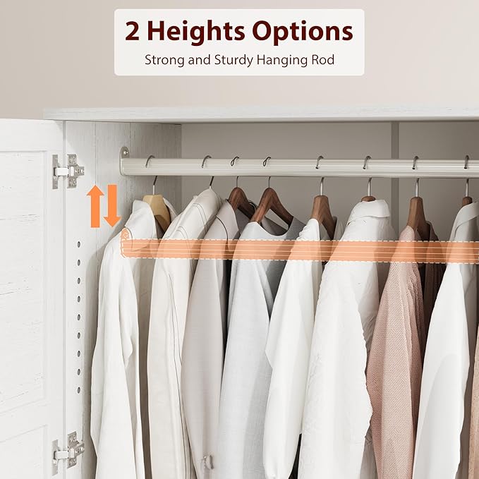 GarveeHome Armoire Wardrobe Closet with 2 Drawers,72 in Wooden Wardrobe Cabinet with Hanging Rod, Tall Clothing Armoire Cabinet with Doors and 18 Adjustable Shelves for Bedroom, Clothes, Rustic White