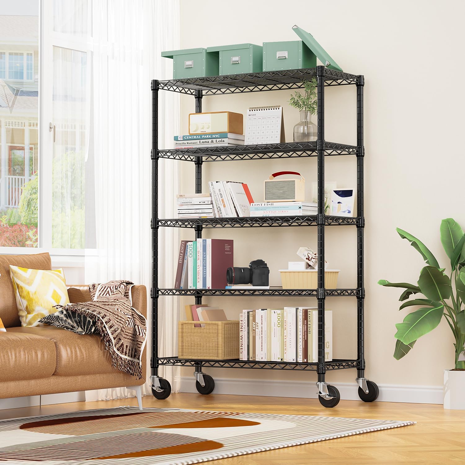 5-Shelf Storage Shelves,Wire Shelving Heavy Duty Metal Storage Shelving Unit Adjustable Garage Shelving Rack Pantry Kitchen (Black, 5 Tier,17.7" D x 47.2" W x 76.7" H) - NestledHome