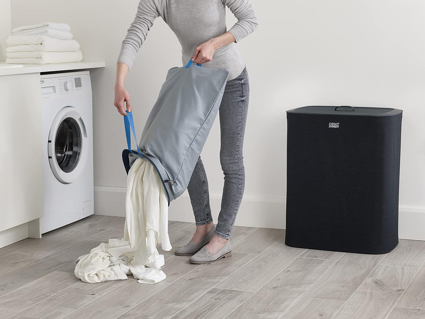 Joseph Joseph Tota 90 liter/23.8 gallon Laundry Hamper Separation Basket with lid, 2 Removable Washing Bags with Handles - Black - NestledHome