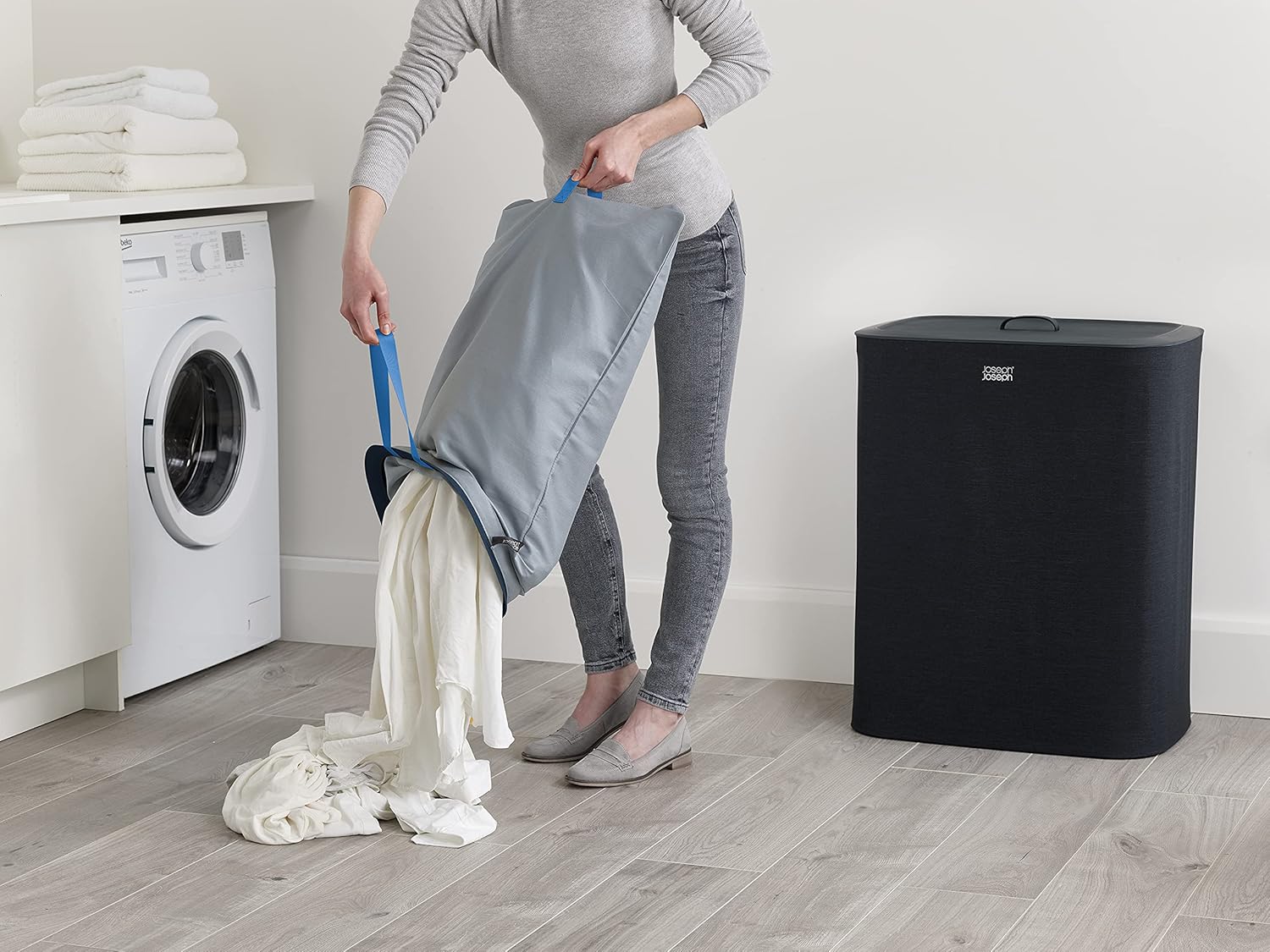 Joseph Joseph Tota 90 liter/23.8 gallon Laundry Hamper Separation Basket with lid, 2 Removable Washing Bags with Handles - Black - NestledHome