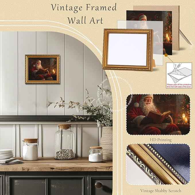uniro Vintage Gold Framed Wall Art, Vintage Christmas Wall Decor Santa Claus Reading Book Canvas Art Prints Painting, Rustic Winter Holidays Xmas Poster, Farmhouse Christmas Picture Wall Decor for Bedroom, Living Room, Gallery, Winter Room Decor, Holid...