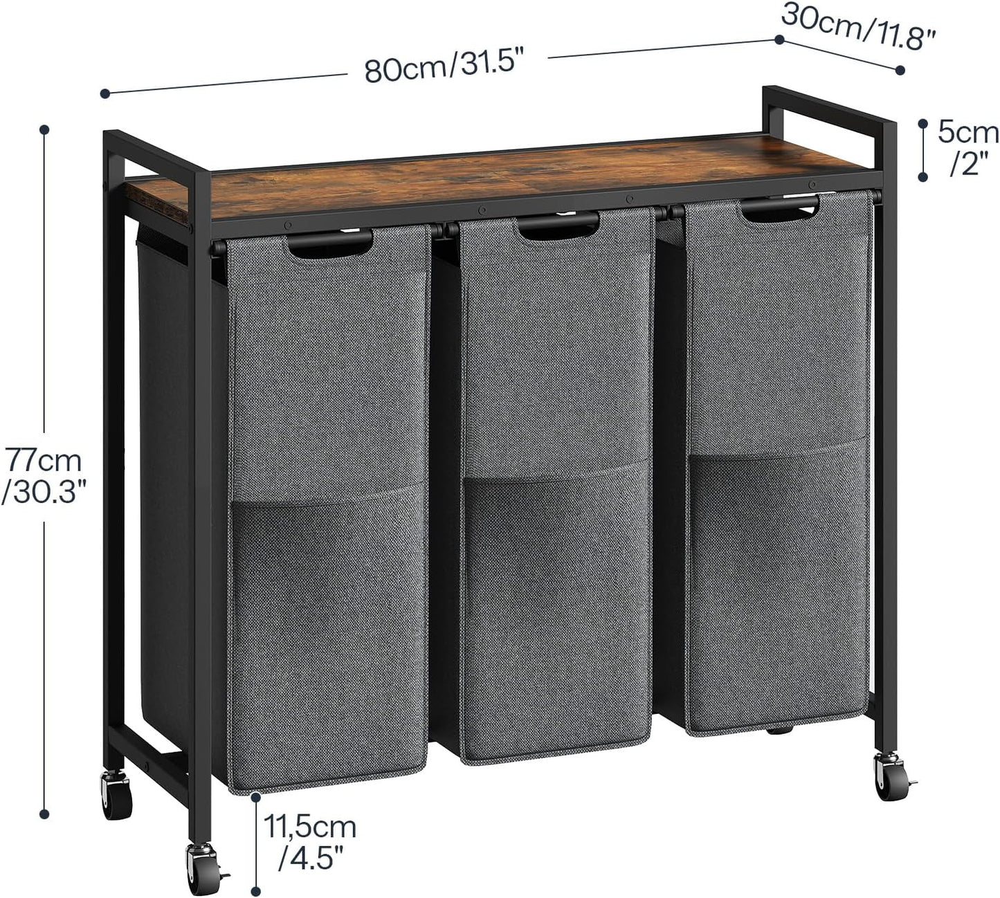 HOOBRO Laundry Sorter 3 Section, Laundry Hamper with Wheels, 3 × 11.5 Gal (43.4L), Rolling Laundry Basket, Pull-Out and Removable Oxford Fabric Laundry Bags, Rustic Brown and Grey BFG76XY01 - NestledHome