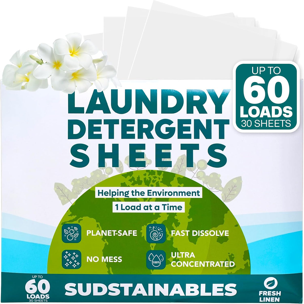 Sudstainables Laundry Detergent Sheets (60 Loads) – Eco-Friendly, Zero Waste, Plastic-Free Laundry Washing Machines Soap Sheets; Dissolvable, Space-Saving Strips for Travel (Fresh Linen) - NestledHome