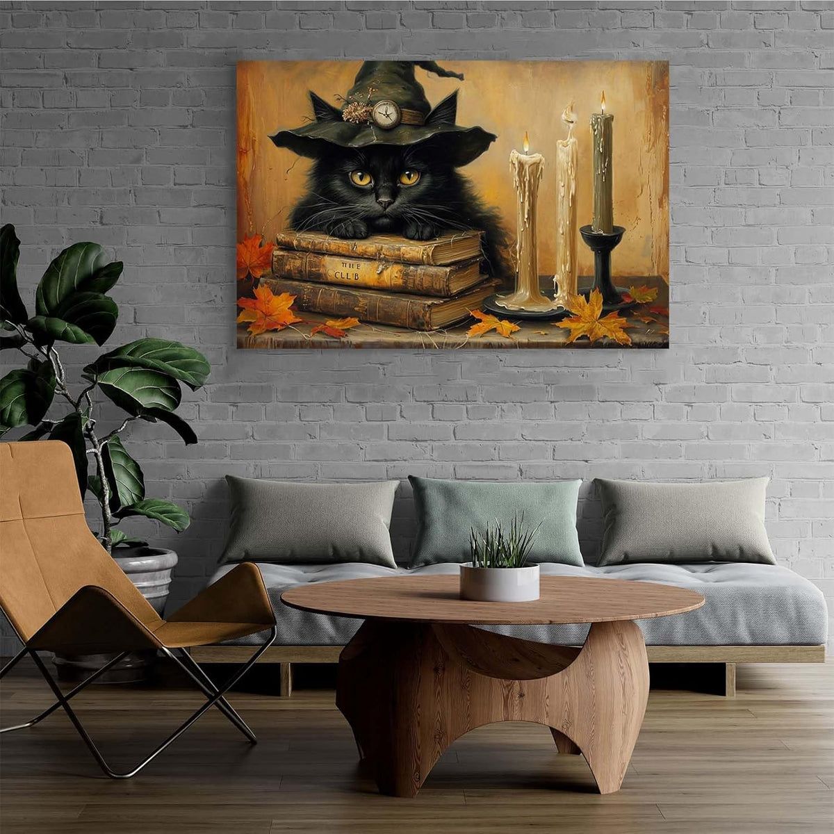 Vintage Halloween wall decoration black cat and magic book suitable for home bedroom living room decoration dark classic art witch wall decoration12x16in Wood Framed