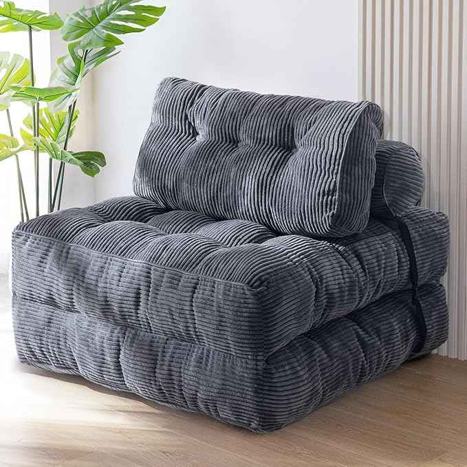 MAXYOYO Folding Sofa Bed, Convertible Sleeper Chair with Pillow Foldable Mattress with Back Support, Portable Fold Out Chair Bed Comfy Floor Sofa Lounge for Living Room Bedroom, Dark Grey, Single