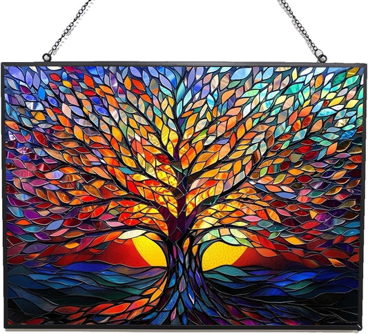 Rectangle Tree of Life Stained Glass Window Hanging Window Suncatcher Glass Panel with Metal Chain Sun Catchers Wall Art Home Decor Gift for Women Mother's Day