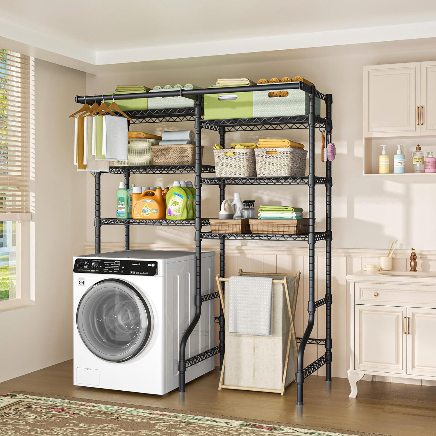 Ulif U13 Medium Over Washer and Dryer Storage Shelves, 6 Tiers Laundry Room Standing Shelf with 2 Hanger Rods, Space Saver Clothes Drying Rack, 57.8" W x 22" D x 77.4" H, Black - NestledHome