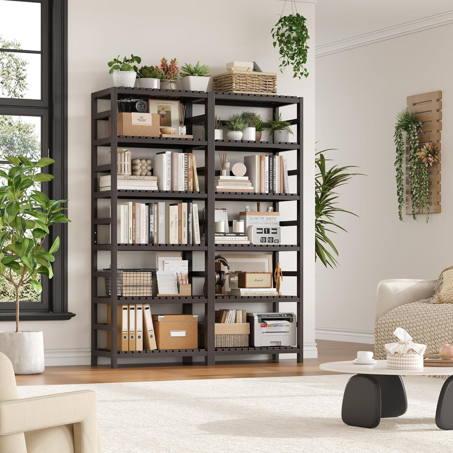FOTOSOK 6-Tier Bamboo Shelf Set of 2, Bamboo Bookcase with Adjustable Shelves, Free Standing Storage Shelf Unit and Plant Flower Stand, Tall Large Bookshelf for Kitchen, Bathroom, Home Office, Vintage - NestledHome