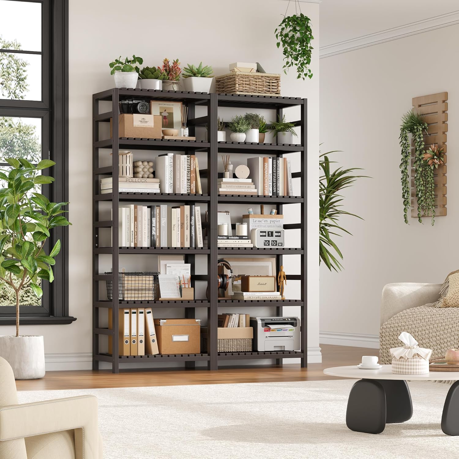 FOTOSOK 6-Tier Bamboo Shelf Set of 2, Bamboo Bookcase with Adjustable Shelves, Free Standing Storage Shelf Unit and Plant Flower Stand, Tall Large Bookshelf for Kitchen, Bathroom, Home Office, Vintage - NestledHome