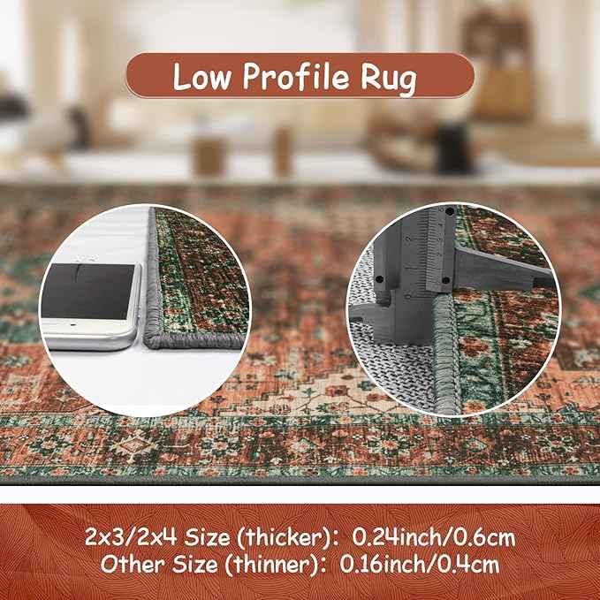 Moynesa Ultra-Thin Washable Runner Rug - 2x7 Kitchen Runner Stain Resistant Hallway Mat, Non-Slip Non-Shedding Bathroom Laundry Carpet Runner for Front Door Bedside Camper, Brick Red/Dull Teal