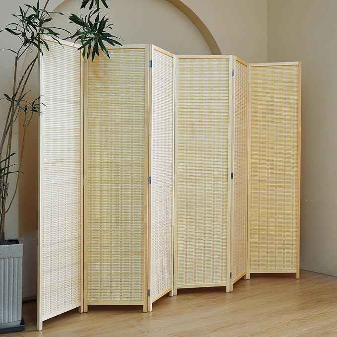 6 Panel Bamboo Room Divider – 5.6 ft Tall Folding Privacy Screen, Natural Beige Freestanding Room Partition Wall (67" x 92.1", 6-Panel)