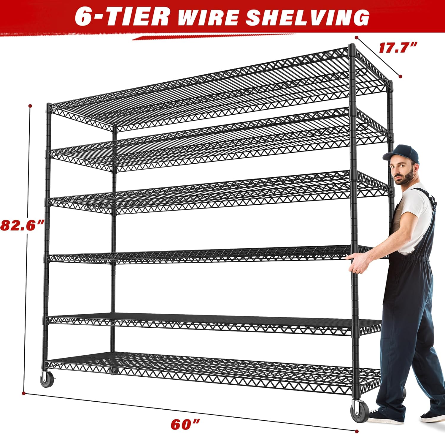 REIBII 60''W X 82.6" H Steel Heavy Duty Wire Shelving Unit with Wheels, 6-Tier Adjustable Storage Shelves 3598LBS Commercial Metal Shelves for Pantry, Garage, College Dorm School Industrial Shelving - NestledHome