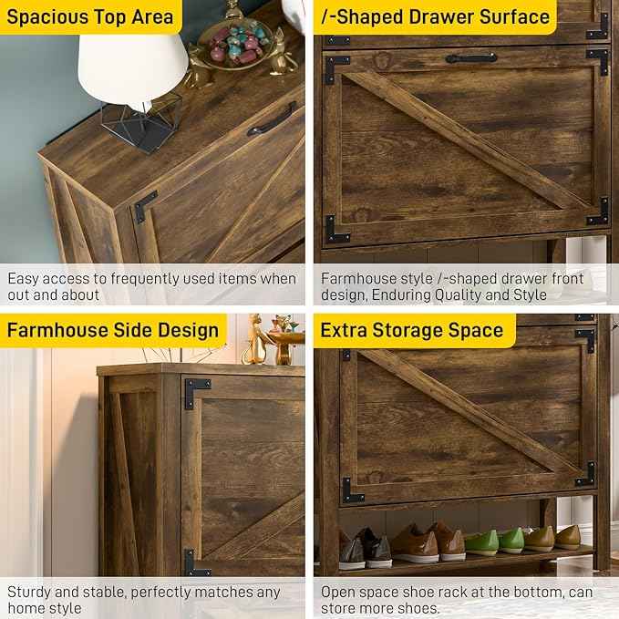 Vabches Shoe Storage Cabinet, 5-Tier Farmhouse Freestanding Organizer with 2 Flip Drawers, Wooden Shoes Rack Cabinets Storage Organizer with Doors for Entryway, Hallway, Closet, Rustic Brown