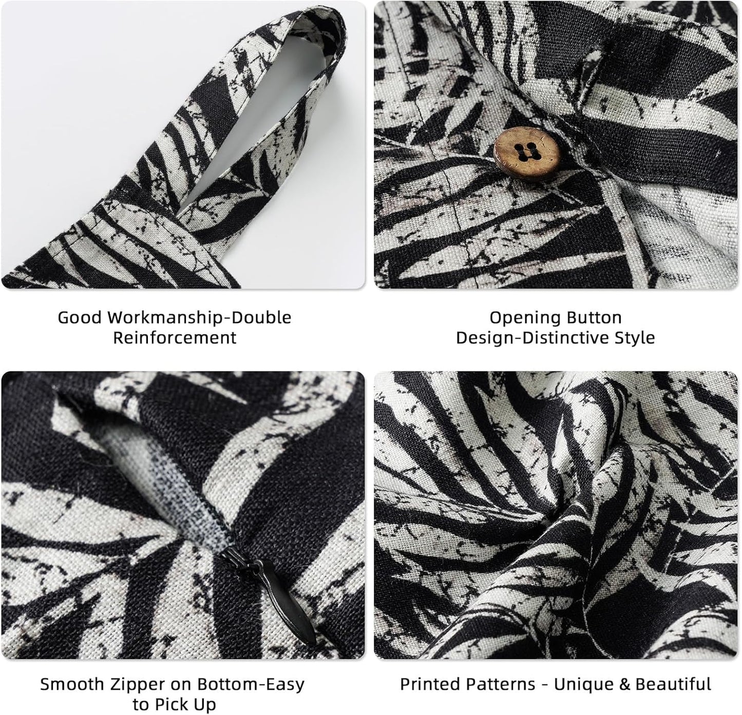 Linen Hanging Laundry Bag, 100% Linen Leaf Print Over The Door Laundry Hamper with Buttons and Zipper, Space Saving Door Hampers for Laundry Dirty Clothes Home Travel, Black, 19.7x27.5inches - NestledHome