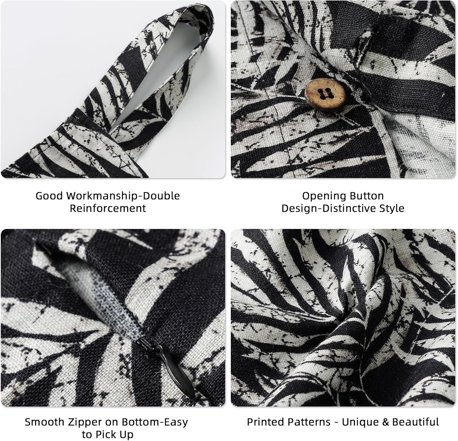 Linen Hanging Laundry Bag, 100% Linen Leaf Print Over The Door Laundry Hamper with Buttons and Zipper, Space Saving Door Hampers for Laundry Dirty Clothes Home Travel, Black, 19.7x27.5inches - NestledHome