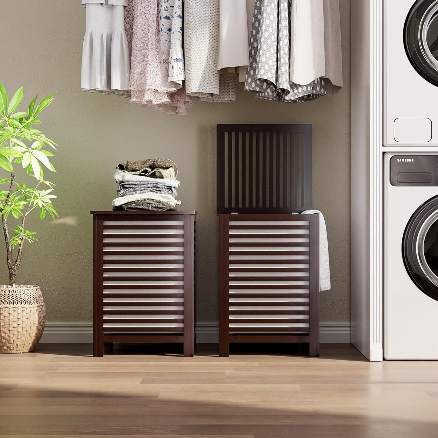 SMIBUY Double Laundry Hamper with Lid, 120L Bamboo Laundry Basket with Removable Liner Bag, 2-Section Clothes Divider Laundry Sorter for Laundry Room, Bathroom, Bedroom (Dark Brown) - NestledHome